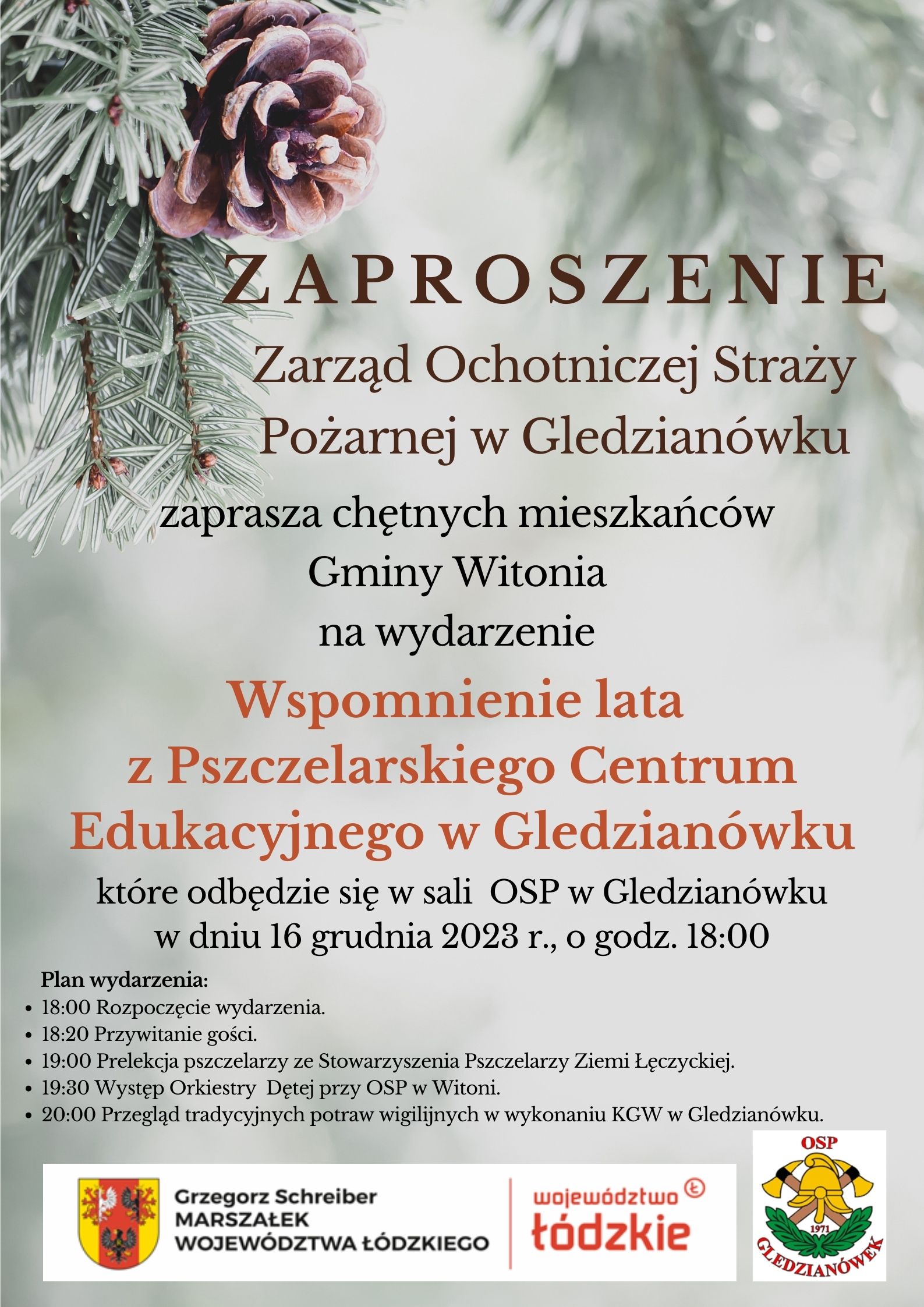 Zaproszenie na wydarzeni "Wspomnienie lata z Pszczelarskiego Centrum Edukacyjnego w Gledzianówku które odbędzie się 16 grudnia 2023 r., o godz. 18:00 na szli OSP w Gledzianówku.